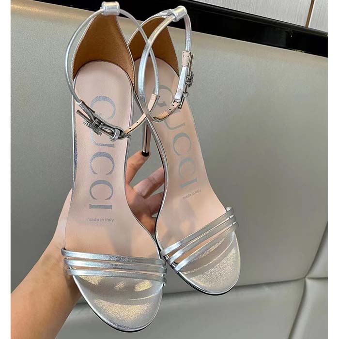 Gucci Women GG High Heeled Metallic Sandal Silver Leather Ankle Strap Metal Double G Buckle Crystals