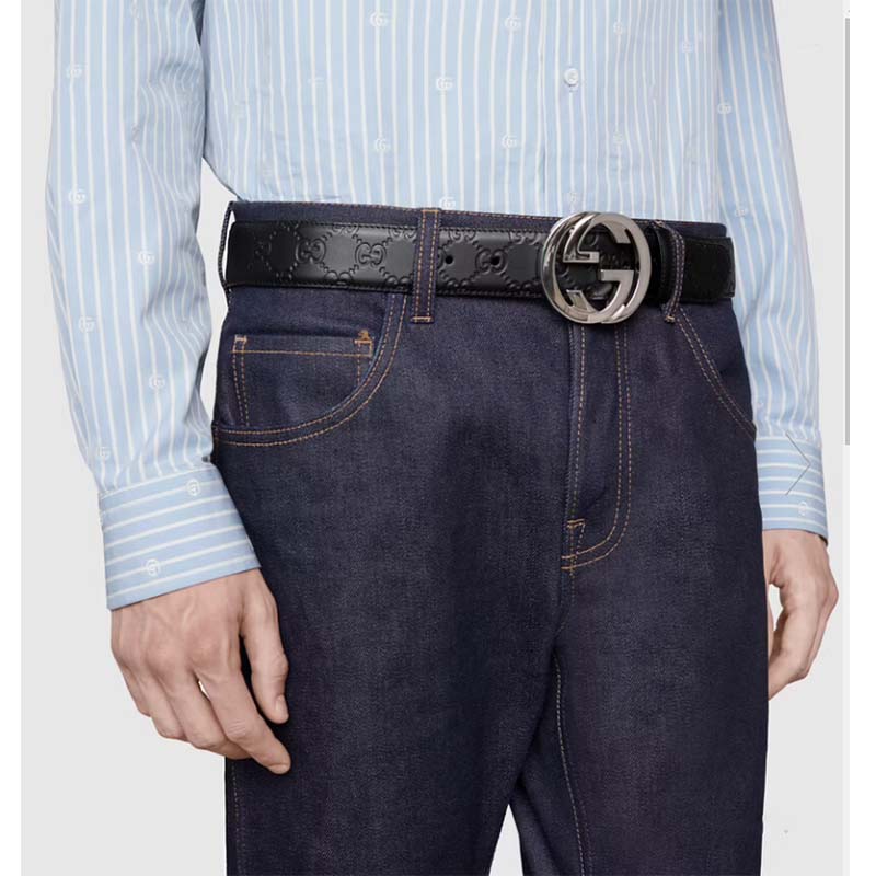 Gucci Unisex GG Signature Leather Belt Interlocking G Buckle Silver Hardware 4 cm Width