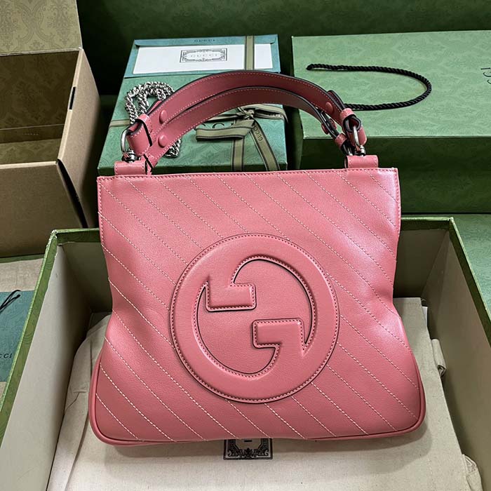 Gucci Women GG Blondie Small Tote Bag Pink Leather Round Interlocking G