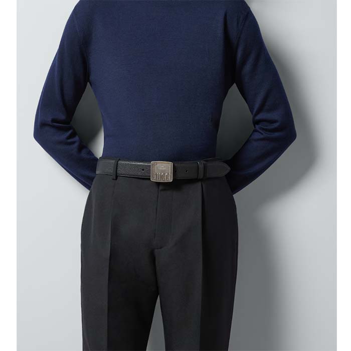 Gucci Unisex GG Belt Gucci Plaque Buckle Black Leather Palladium-Toned Hardware