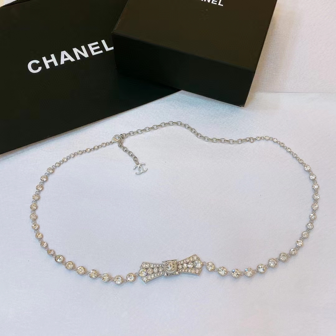 Chanel Women CC Belt Metal Strass Imitation Pearls Silver Crystal Pearly White