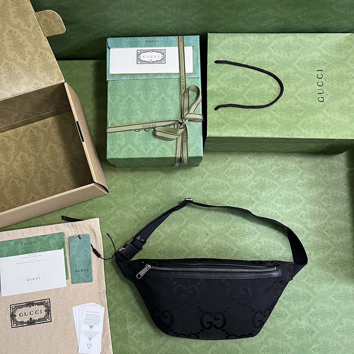 Gucci Unisex GG Jumbo GG Belt Bag Black Leather Canvas Zip Closure