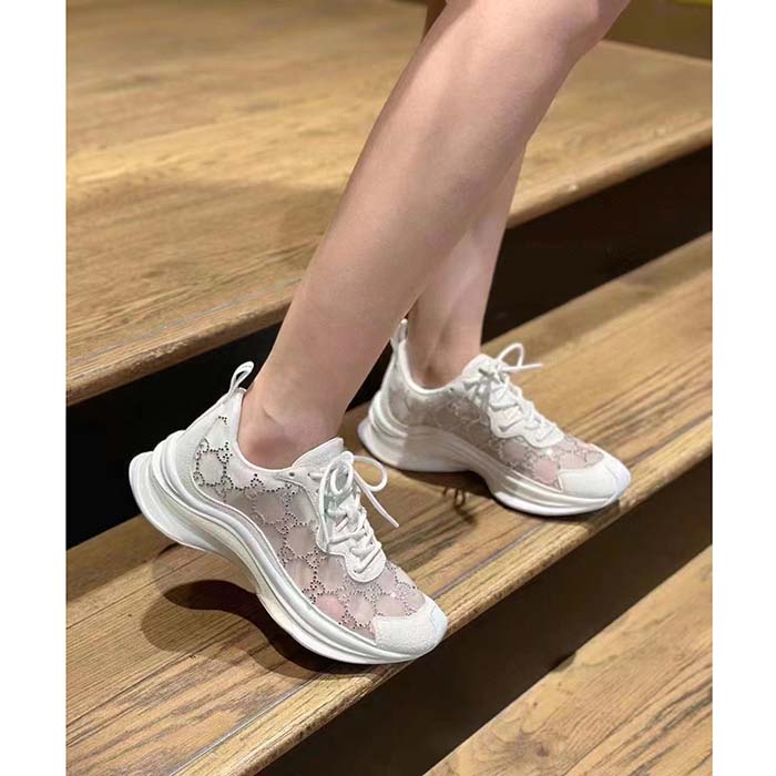 Gucci Unisex GG Gucci Run GG Crystal Mesh Sneaker White Suede Mid 6 CM Heel