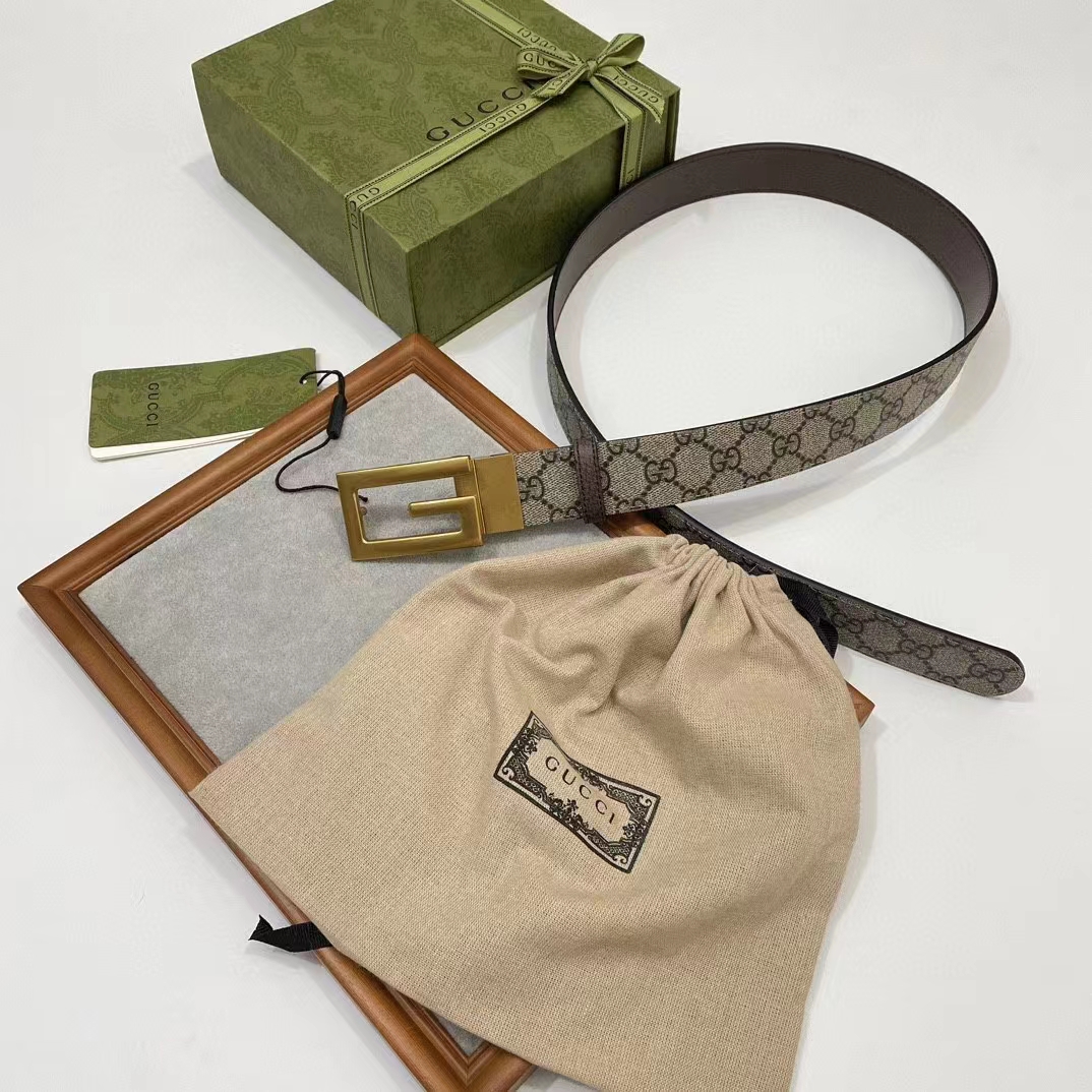 Gucci GG Unisex Reversible Belt Square G Buckle Beige Ebony GG Supreme Canvas