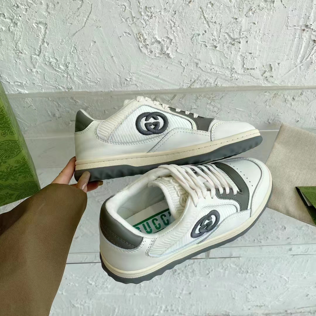 Gucci Unisex GG MAC80 Sneaker Off White Grey Leather Round Toe Rubber Flat