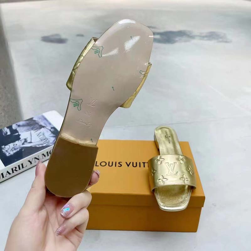 Louis Vuitton LV Women Revival Flat Mule Gold Monogram Embossed Metallic Lambskin