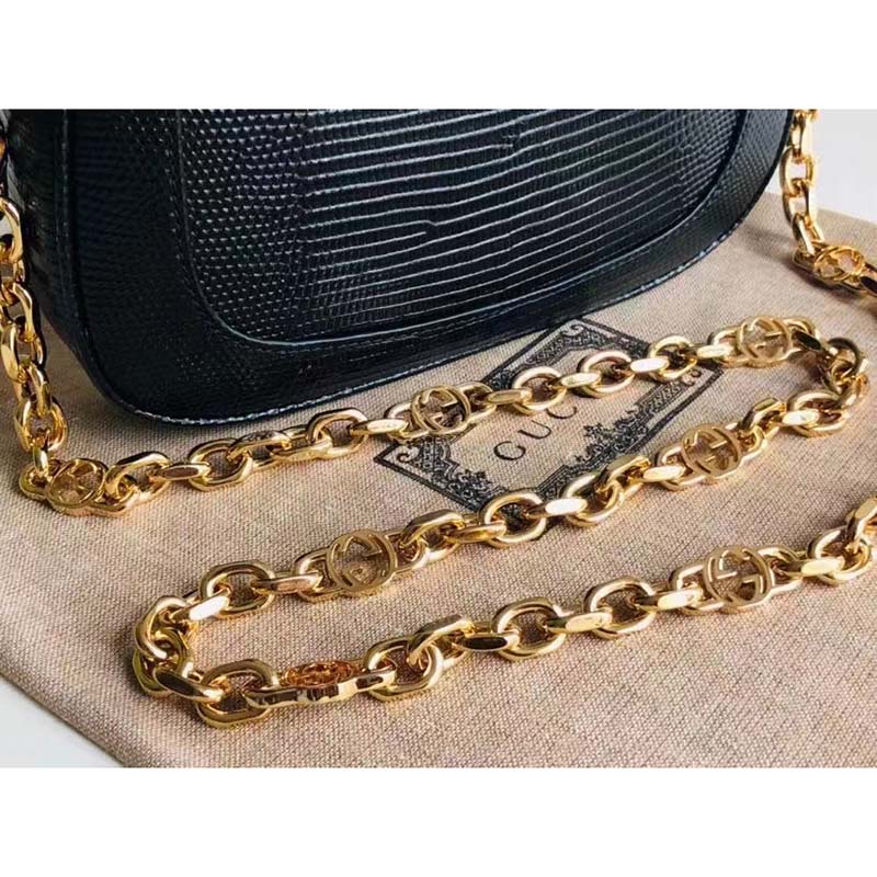 Gucci Women GG Jackie 1961 Lizard Mini Bag Black Lizard Gold-Toned Hardware