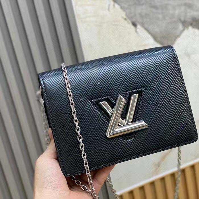 Louis Vuitton Women LV Twist Belt Chain Pouch Black Silver Epi Grained Cowhide Leather