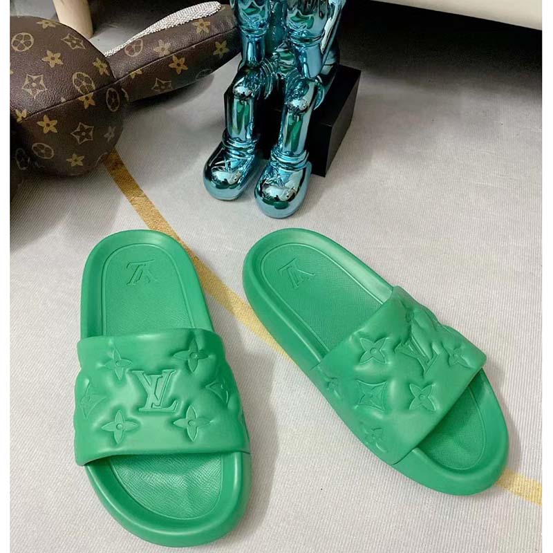 Louis Vuitton LV Unisex Waterfront Mule Green Monogram Embossed Rubber Waterproof