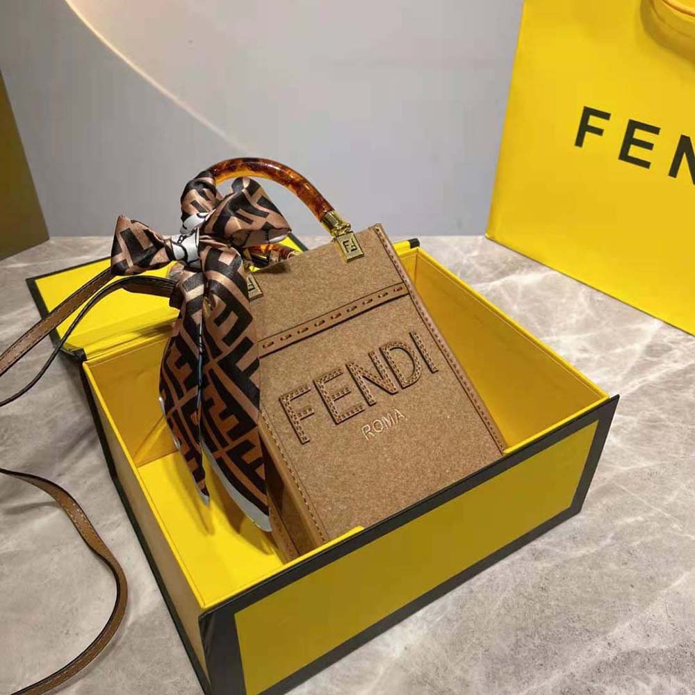 Fendi Women Mini Sunshine Shopper Brown Flannel Mini-Bag