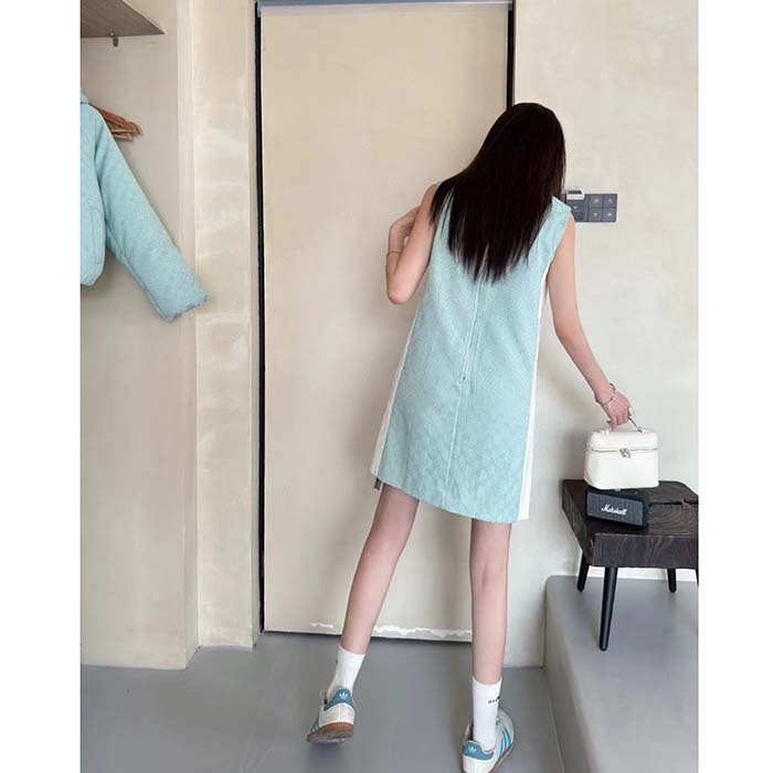 Gucci Women Reversible GG Canvas Dress Pale Blue Unlined Crewneck Sleeveless Two Front Pockets