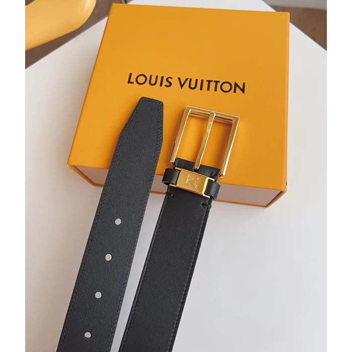 Louis Vuitton Unisex LV City Pin 35MM Belt Black Calf Leather Gold-Color Hardware