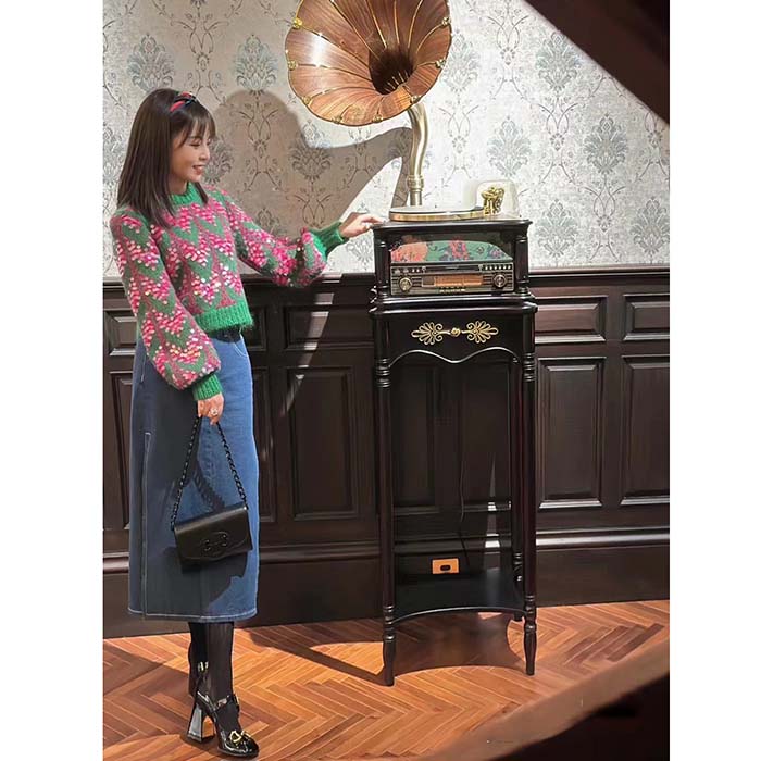 Gucci Women GG Chevron Wool Sequin Sweater Crewneck Mohair Polyamide Puffed Sleeves