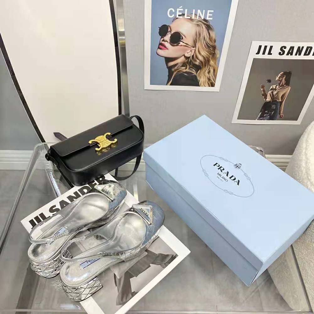 Prada Women Metallic Leather Slingback Pumps in 45mm Heel Height-Silver