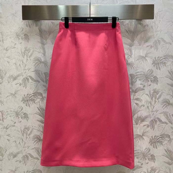 Dior Women CD Mid-Length Flared Skirt Passion Pink Wool Silk Thin Waistband Side Zip Closure