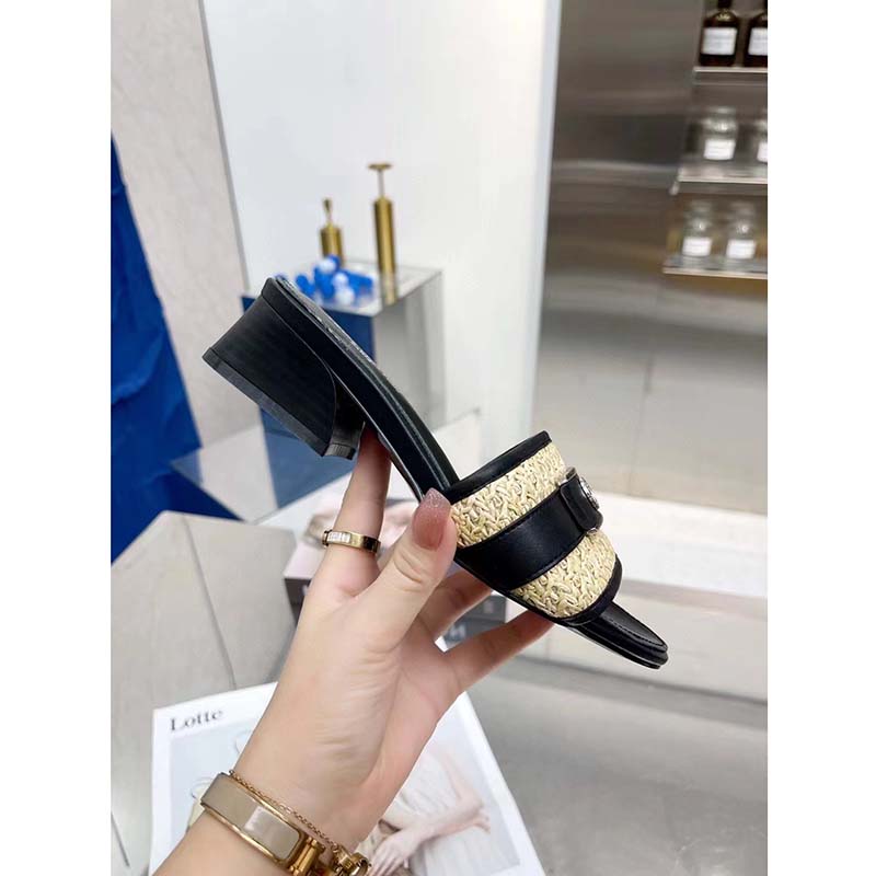 Louis Vuitton LV Women Lock It Mule Black Raffia Calf Leather Circle 3.5 cm Heel