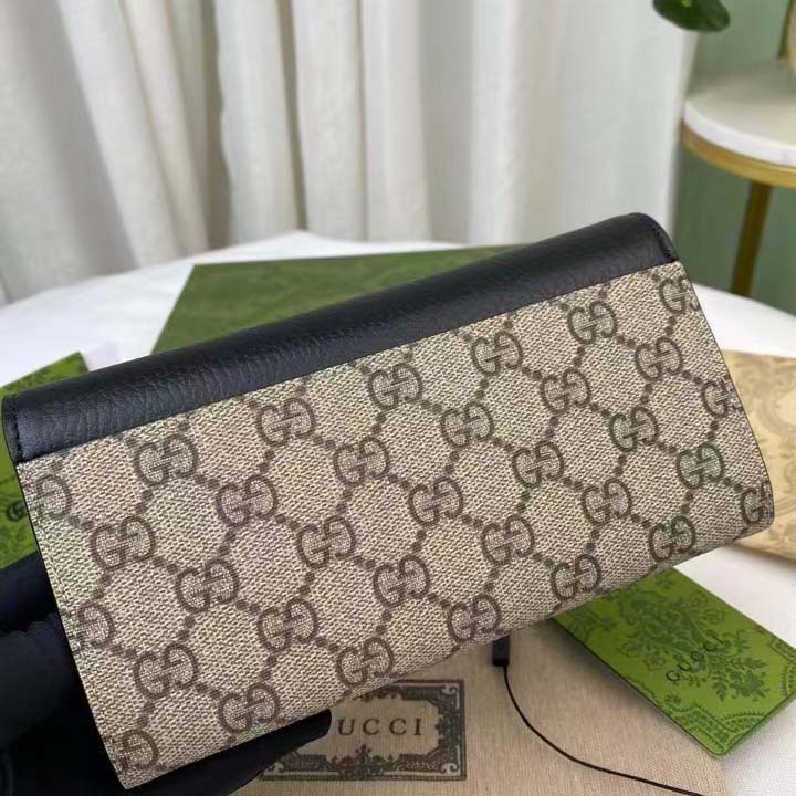 Gucci Women GG Marmont Leather Continental Wallet Beige Ebony GG Supreme Canvas