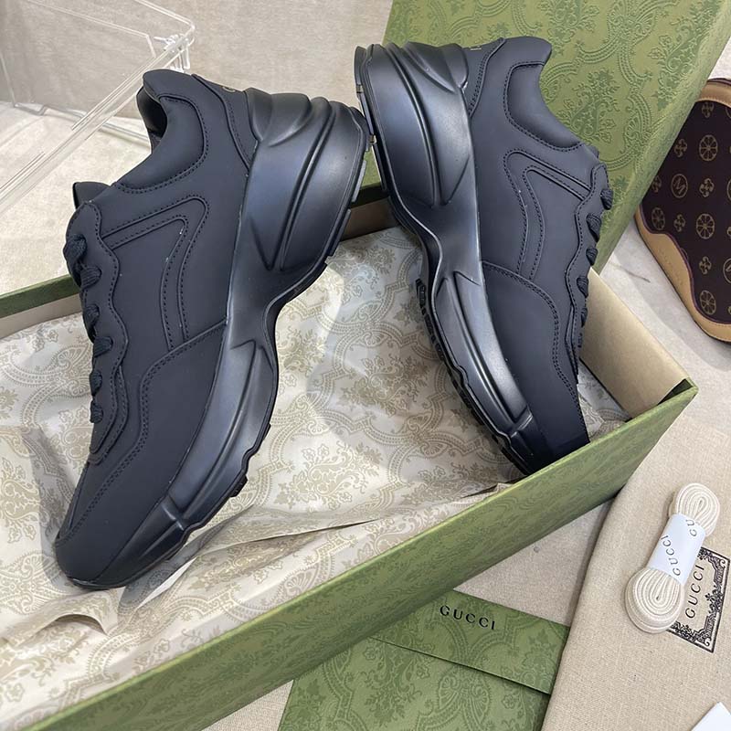 Gucci Unisex GG Rhyton Sneaker Black Leather Rubber Sole Low Heel