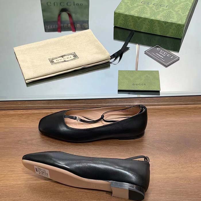 Gucci Women GG Ballet Flat Double G Black Leather Sole Flat 1 Cm Heel