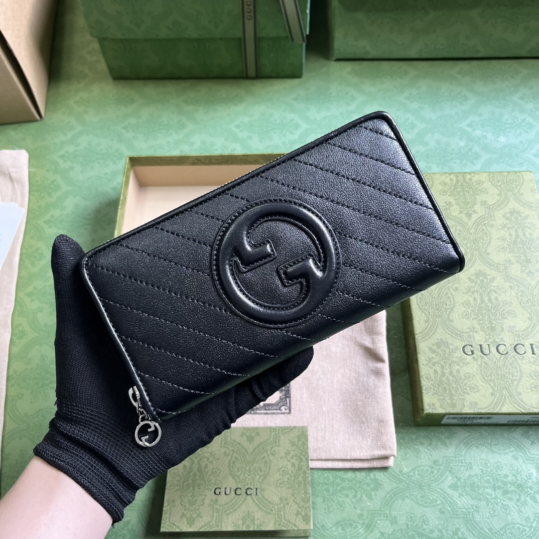 Gucci Unisex GG Blondie Zip Around Wallet Black Leather Round Interlocking G Zip Closure