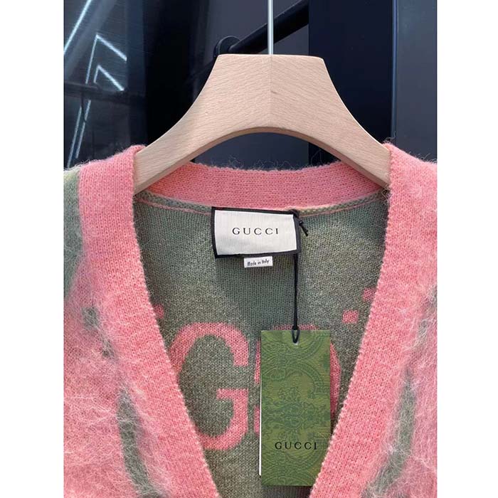 Gucci Women Reversible GG Mohair Cardigan Light Green Pink Brushed Jacquard Wool V-Neck