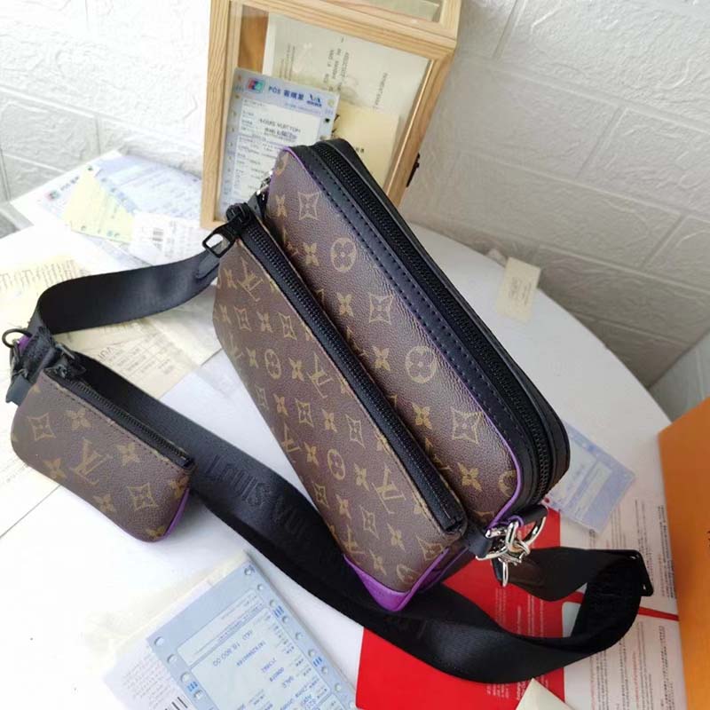 Louis Vuitton LV Unisex Trio Messenger Bag Monogram Macassar Coated Canvas Purple Cowhide