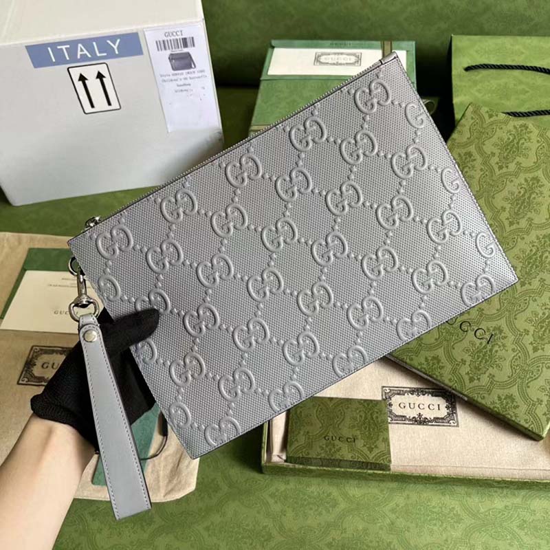 Gucci Unisex GG Embossed Medium Messenger Bag Grey Leather