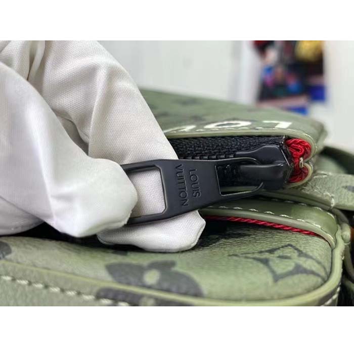 Louis Vuitton LV Unisex Trio Messenger Khaki Green Vermillion Red Monogram Canvas Cowhide Leather