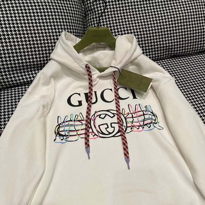 Gucci Women GG Logo Bunny Print Hooded Cotton Sweatshirt Off White Cotton Jersey