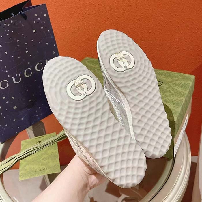 Gucci Unisex GG MAC80 Sneaker Metallic Silver Leather Fabric Round Toe Rubber Flat