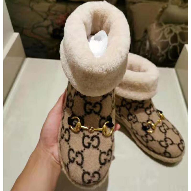 Gucci Unisex GG Wool Ankle Boot in Textured Fabrics-Beige