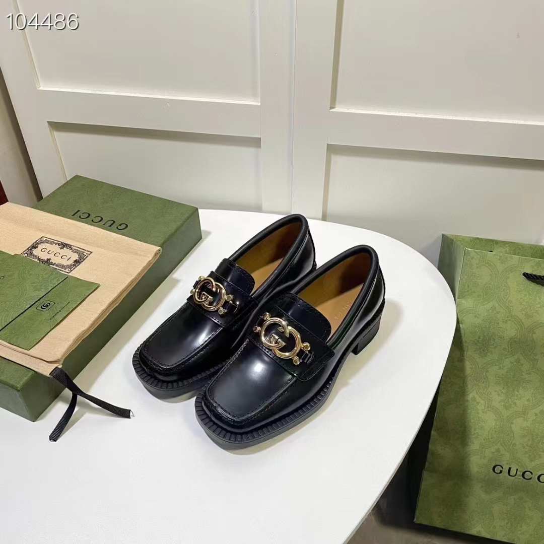 Gucci Women GG Loafer Interlocking G Shiny Black Leather Low 2.5 Cm Heel