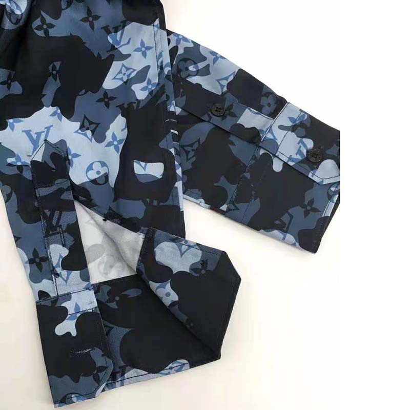Louis Vuitton Women Camo Regular Silk Shirt LV Signature Blue Regular Fit