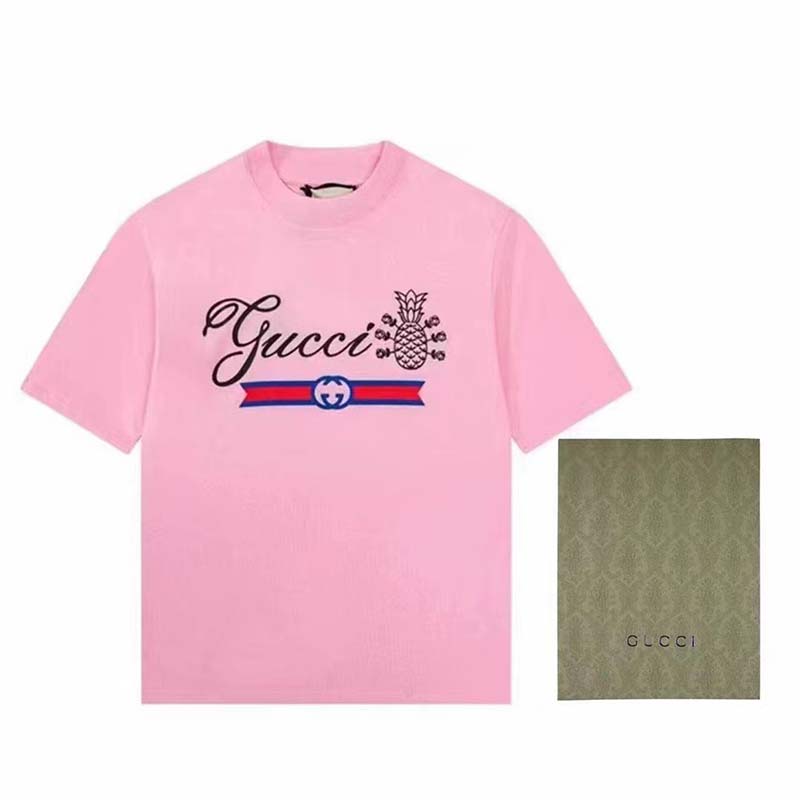 Gucci GG Men Gucci Pineapple Cotton T-Shirt Pink Jersey Crewneck Oversize Fit