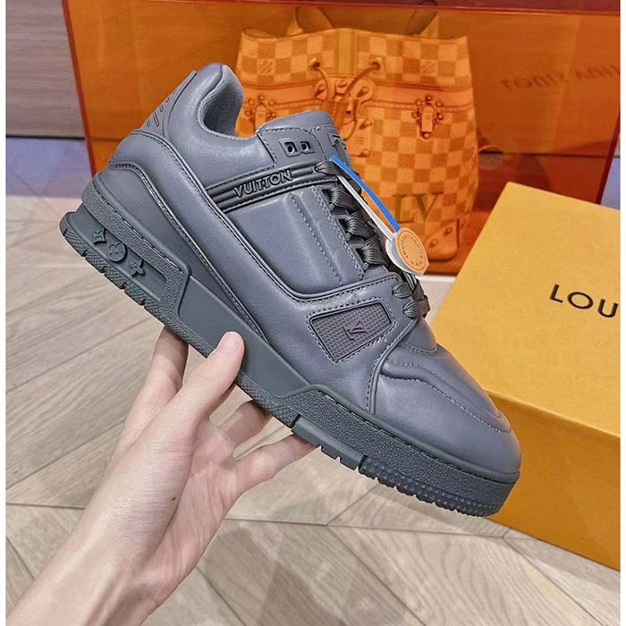Louis Vuitton Unisex LV Trainer Sneaker Grey Calf Leather Rubber Outsole Monogram Flower