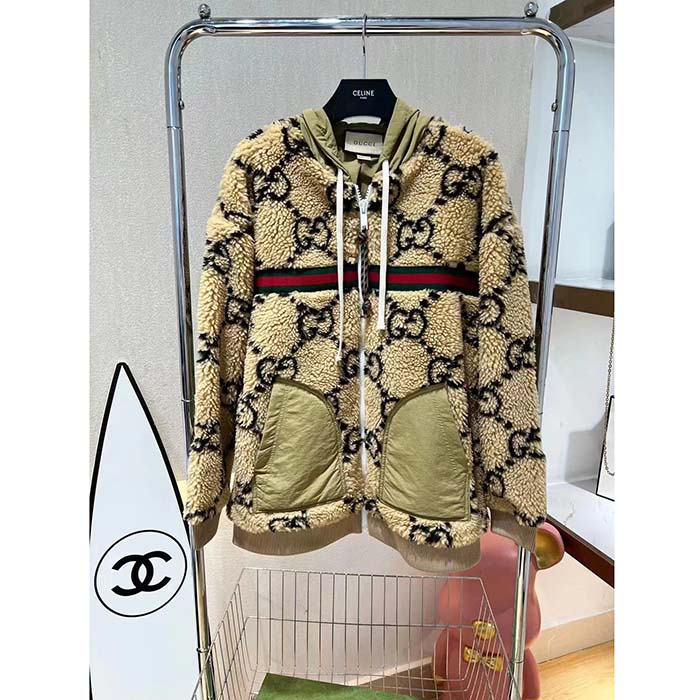 Gucci Women Maxi GG Wool Jersey Jacket Beige Black Polyamide Polyester