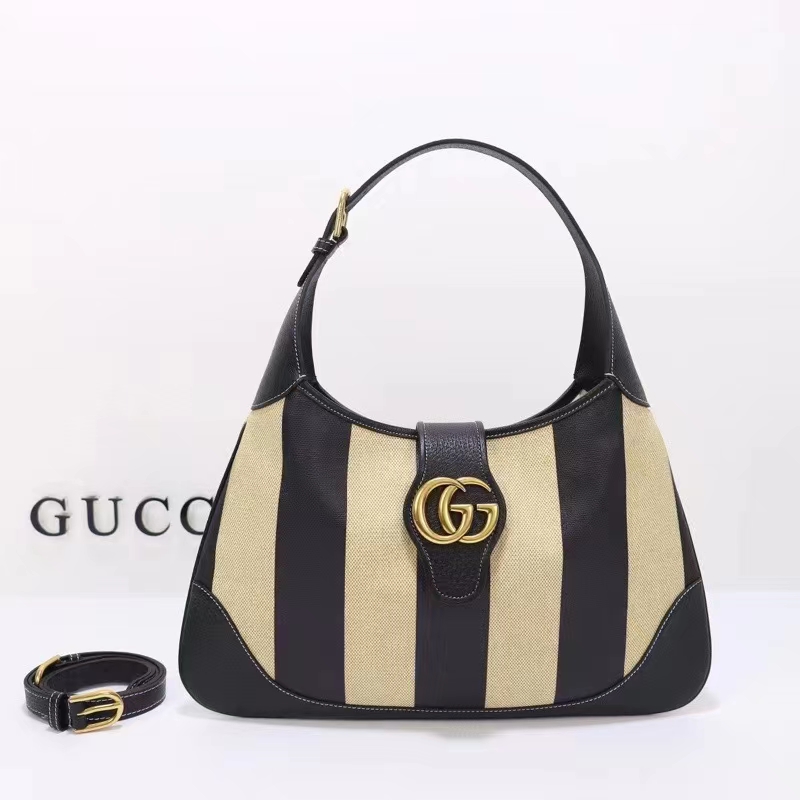 Gucci Women GG Aphrodite Medium Shoulder Bag Beige Black Cotton Canvas Black Leather