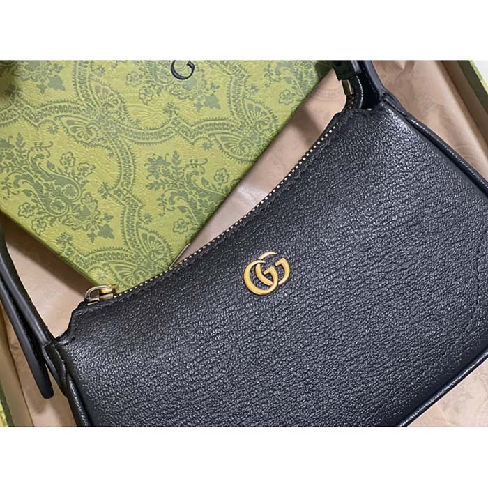 Gucci Women GG Aphrodite Shoulder Bag Double G Black Leather Zip Closure