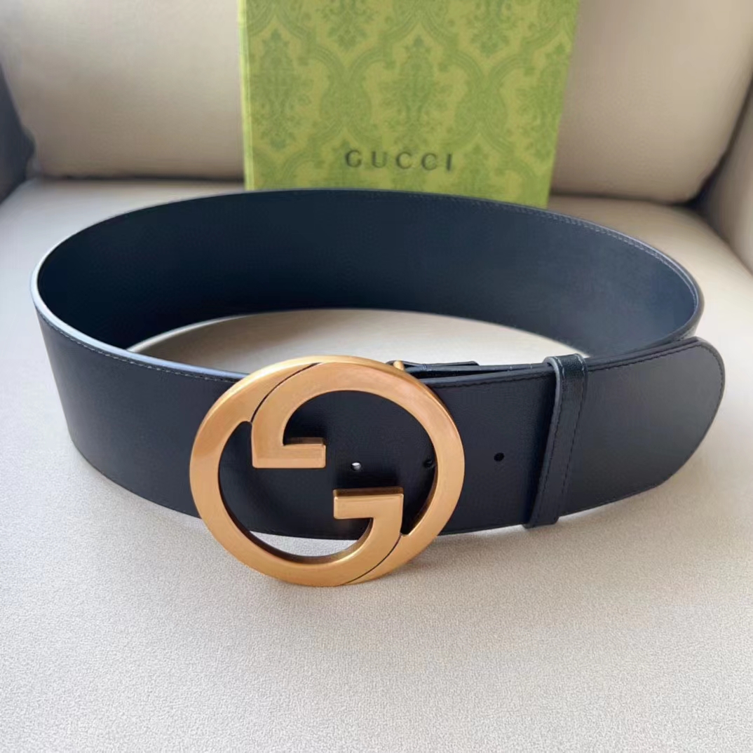 Gucci Unisex GG Blondie Wide Belt Black Leather Round Interlocking G 5 CM Width