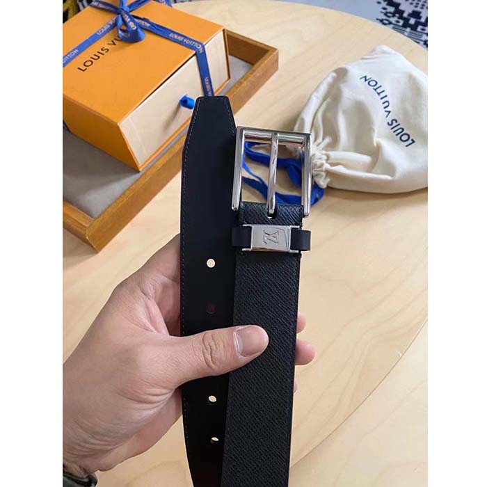 Louis Vuitton Unisex Pont Neuf 35 MM Width Black Taiga Calf Leather Brass Buckle