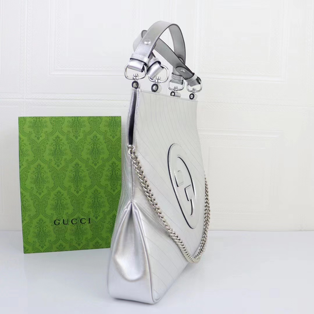 Gucci Unisex Blondie Medium Tote Bag Silver Lamé Leather Round Interlocking G