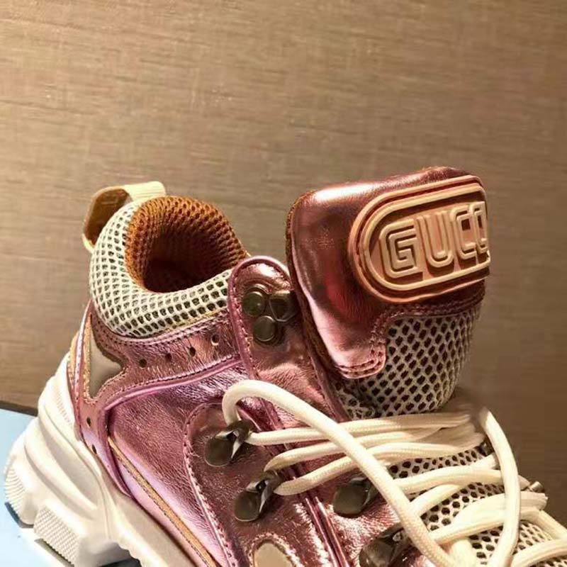 Gucci Unisex Flashtrek Sneaker with Removable Crystals in Pink Metallic Leather 5.6 cm Heel