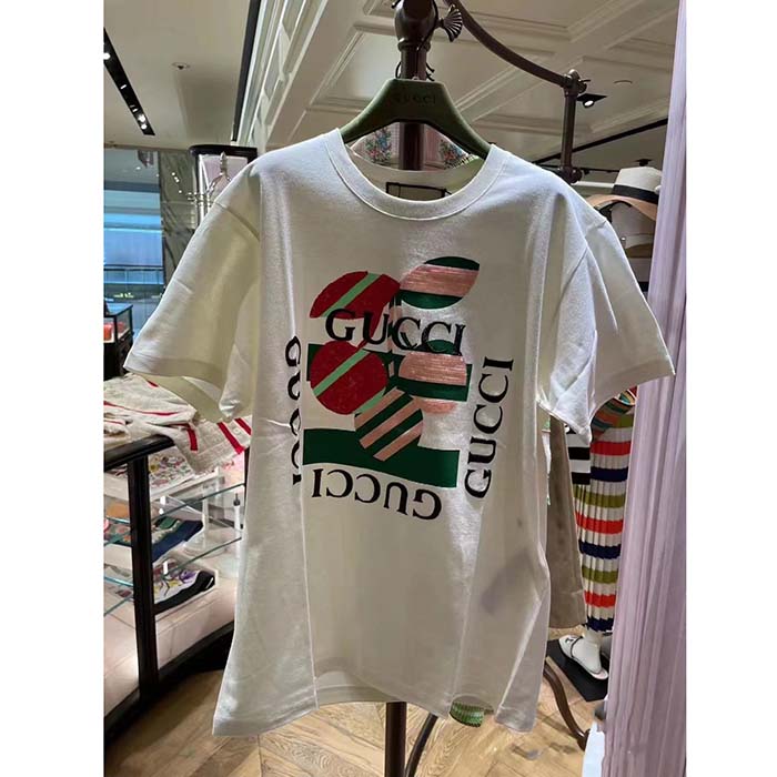 Gucci Women GG Cotton Jersey Printed T-Shirt Off White Cherry Sequin Embroidery