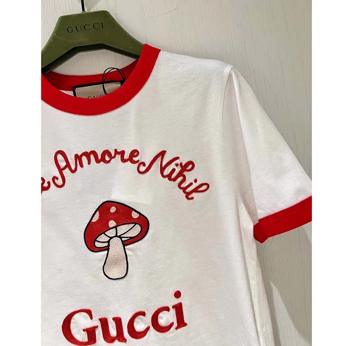 Gucci Men GG Sine Amore Nihil’ Cotton Jersey T-Shirt Off White Mushroom Embroidery