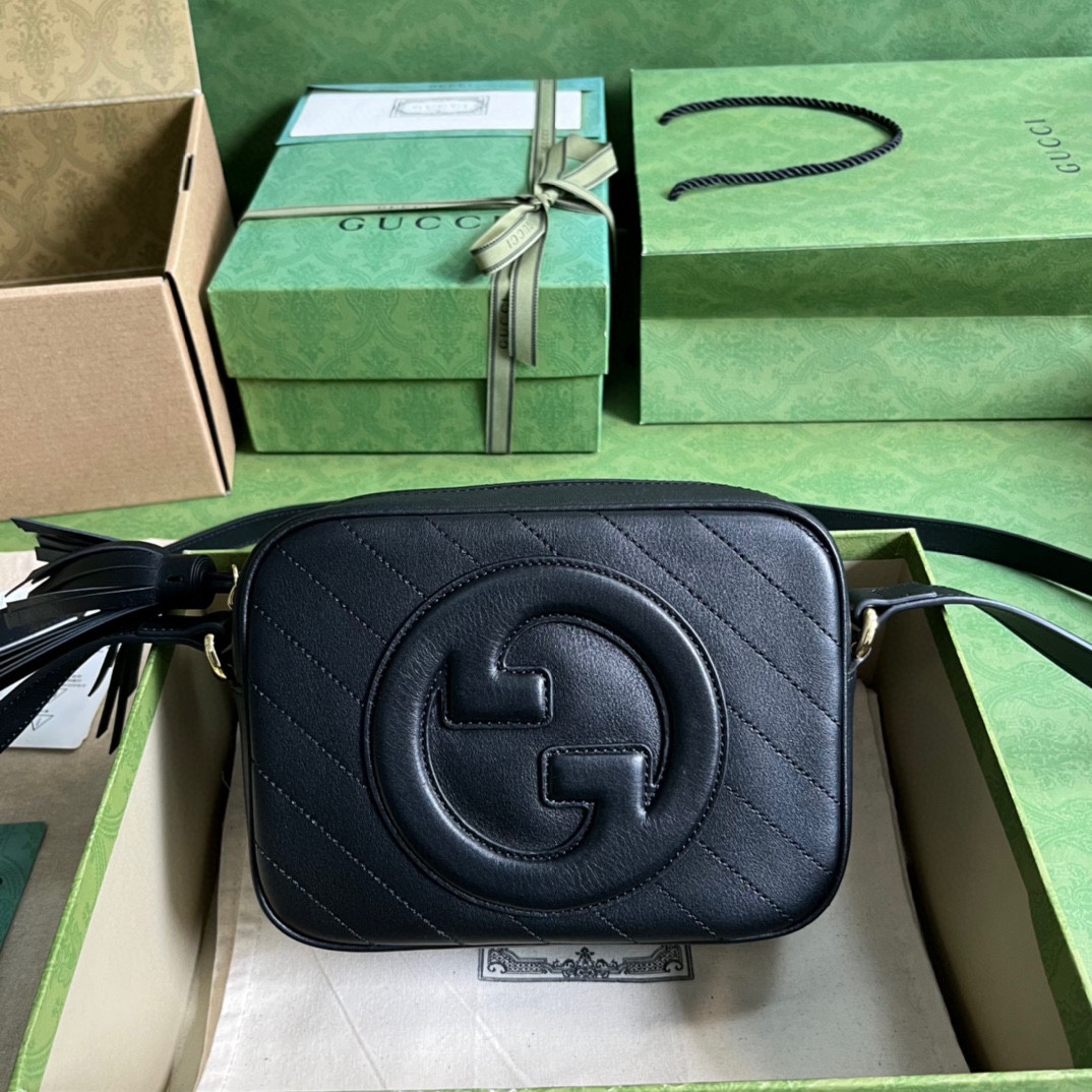 Gucci Women GG Blondie Small Shoulder Bag Black Leather Round Interlocking G