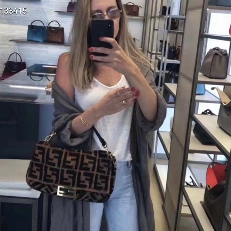 Fendi Women FF Baguette Brown Sheepskin Sheep Fur Calfskin Bag