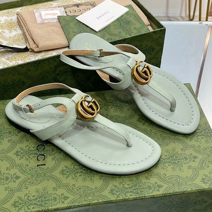 Gucci Women GG Double G Thong Sandal Light Green Leather Flat 0.5 CM Heel