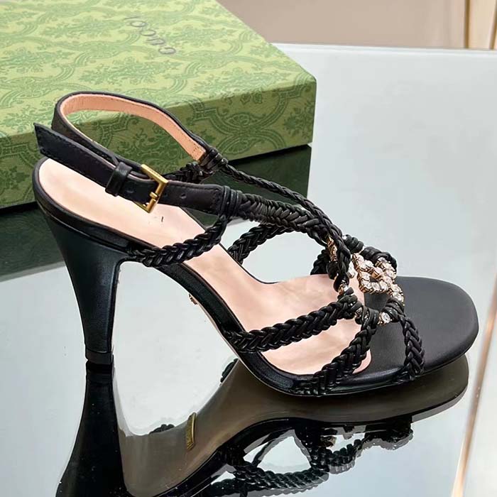 Gucci Women Crystal Interlocking G Sandal Black Braided Leather High 9 Cm Heel
