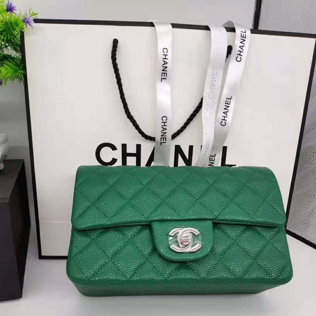 Chanel Women Classic Handbag in Lambskin Leather-Green