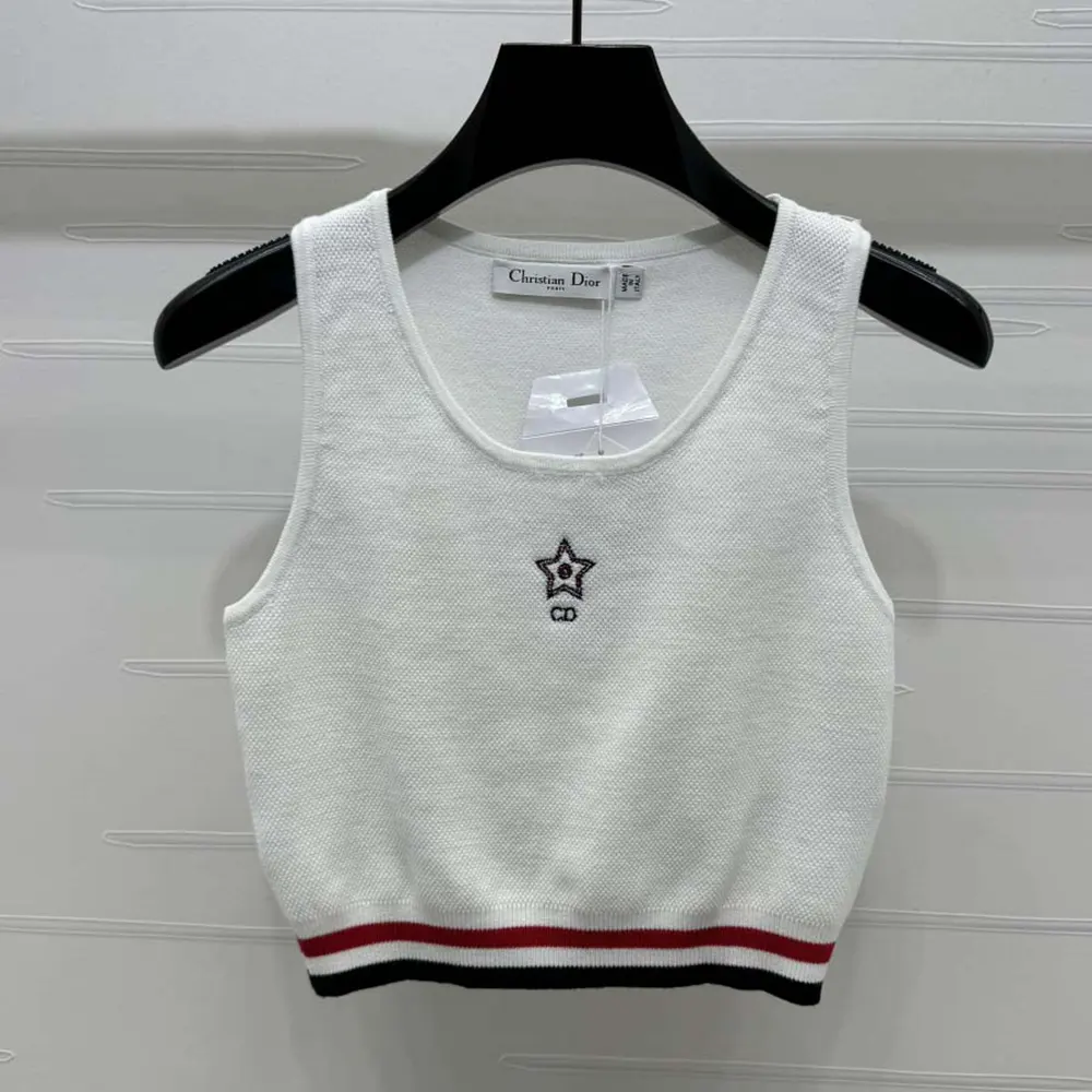 Dior Women Vibe Cropped Tank Top White Technical Mesh with Three-Tone Signature